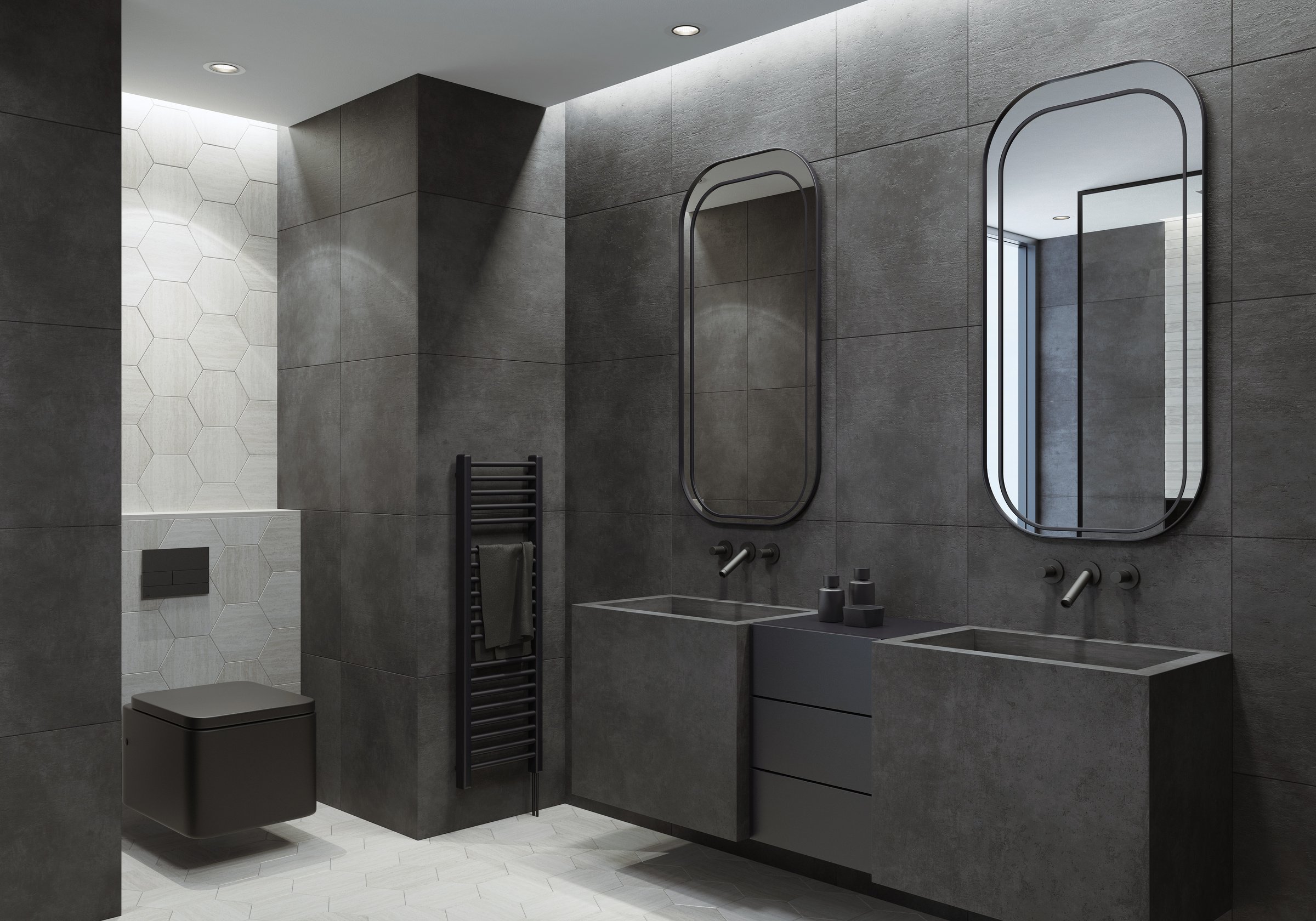 Modern bathroom with dark gray concrete tiles